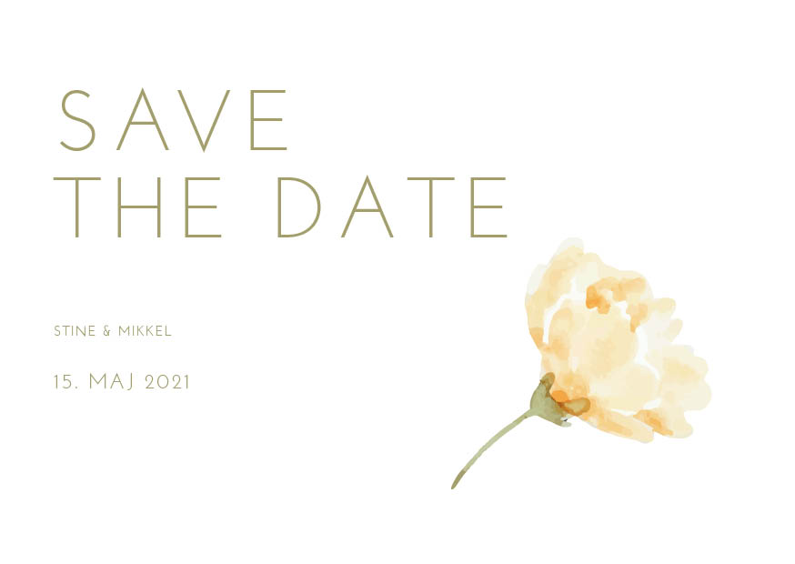 
                Save the date med en flot blomst i siden. En save the date er den perfekte måde til at sige til dine gæster at de skal sætte et kryds i kalenderen på jeres unikke dag. Til designet kommer også matchende elementer i form af invitation, velkomstskilt, salmehæfte, bordoversigt, menukort, drinkskort, takkekort mm. således I kan skabe en rød tråd for dagen.                